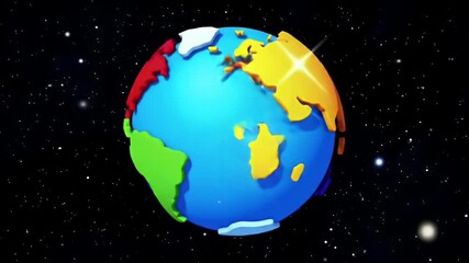 Cheerful Cartoon Earth Rotating in Starry Space Flat Design Globe with Smiling Africa Continent Representing Global Unity and Environmental Awareness