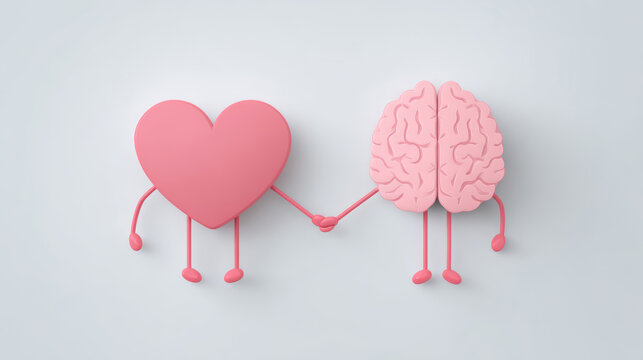 A heart and brain holding hands represent the synergy of feelings and thoughts in a creative way.