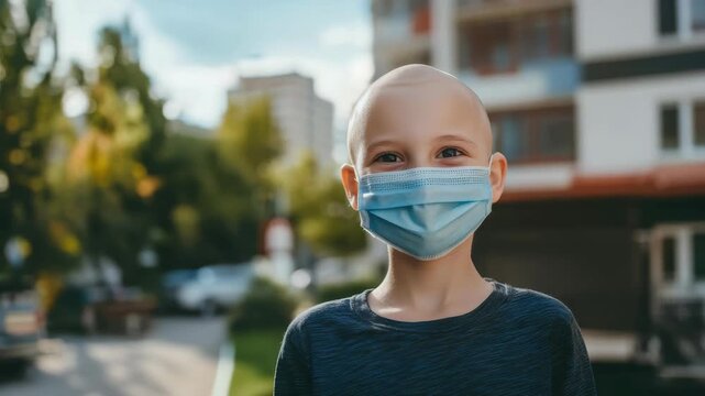 A close-up portrait of a bald child with a protective surgical mask covering their mouth and nose, looking directly at the camera with a slight smile.  background shows a residential area with trees