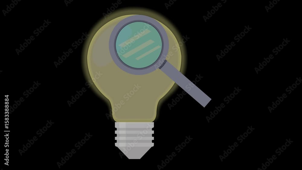 Poster video animation magnifying glass and light bulb in searching for solution or idea concept, on a tran