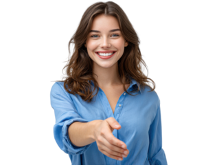 Friendly Gesture of Greeting: A poised and beautiful woman extends a hand in a welcoming gesture. Her captivating smile radiates warmth and approachability.