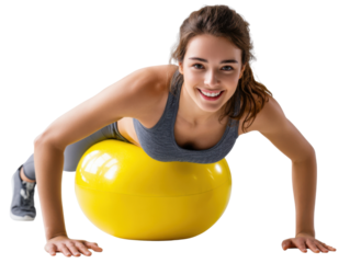 Balance and Bliss: A woman finds her inner serenity as she exercises on a balance ball, enhancing her overall physique. Her radiant smile captures the essence of a healthy lifestyle, fitness.