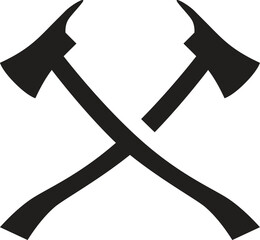 Crossed axes vector icon. Lumberjack or woodworking symbol. Black silhouette clipart isolated on white background.