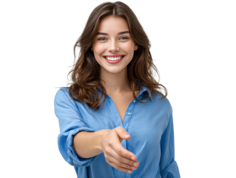 Friendly Gesture of Greeting: A poised and beautiful woman extends a hand in a welcoming gesture. Her captivating smile radiates warmth and approachability.
