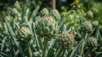 Fototapeta premium Fresh artichokes developing on garden plants organically