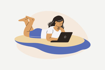 Young Teen Girl Happily Working on Laptop Outdoor Illustration