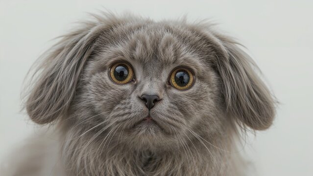 Close-up of a gray thoroughbred Scottish lop-eared cat with large yellow eyes and soft fur against a light background