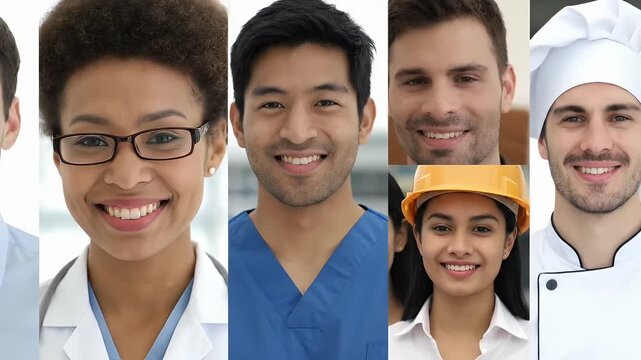 Diverse Mosaic of Smiling Young Adults From Various Professions Showcasing Workforce Dedication Career Opportunities Community Building Strength And Positive Energy