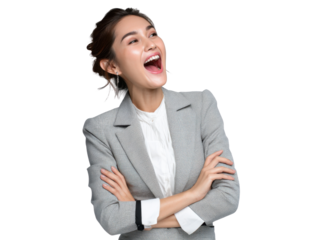 Radiant Success: A young professional woman radiates joy and confidence, her arms crossed as she looks upwards in anticipation of the future.