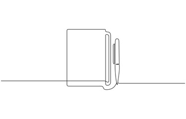 Continuous single line drawing of closed journal or diary and pen, line art vector. Writing studying or planning depicting simplicity and focus in education and productivity on a white