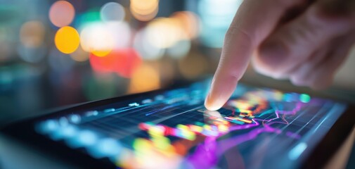 The hand interacting with a financial data visualization on a modern tablet.