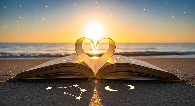 An open book forms a heart shape on the beach at sunset with stars
