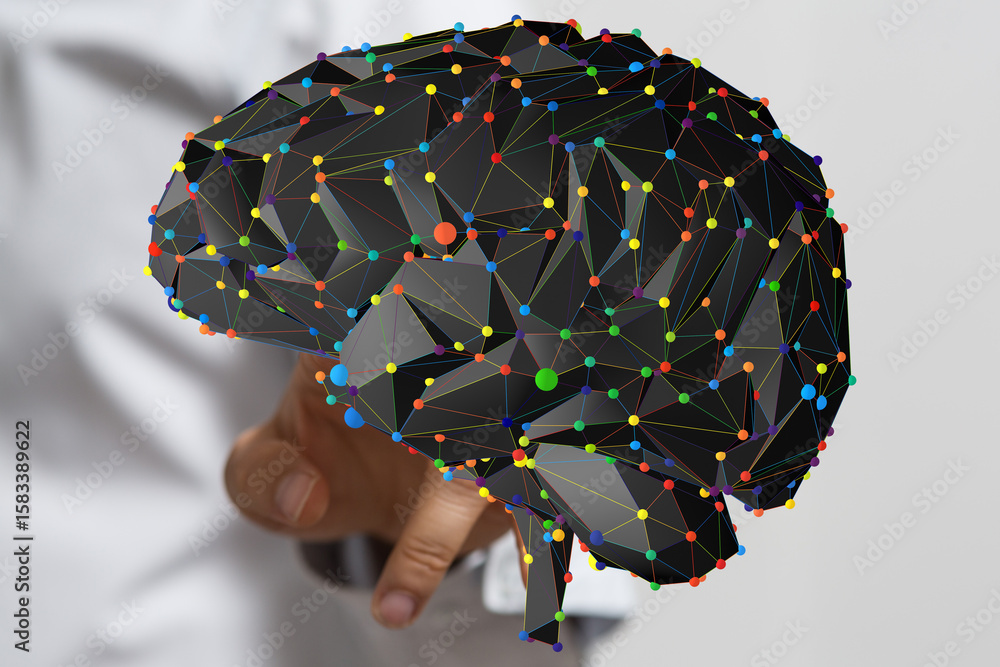 Poster a colorful 3d model of a brain, showcasing complex neural networks and connections. ideal for ai, te
