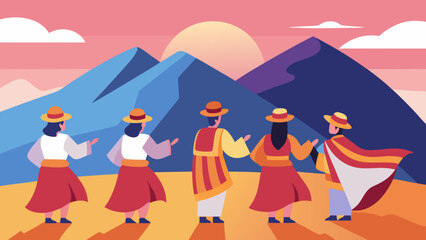 Fototapeta premium People in traditional clothing celebrating Tihar festival with dance and rituals against mountain sunset backdrop