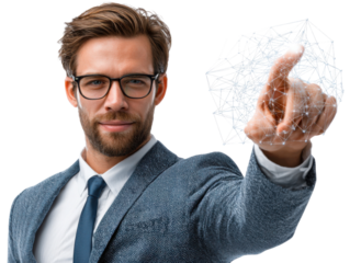 Tech Visionary: A composed professional in glasses gestures towards a futuristic digital interface, embodying innovation and forward-thinking in a studio setting.