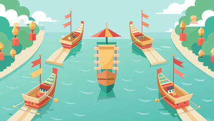 Traditional boats with flags floating on river during an Asian cultural festival with lanterns and greenery