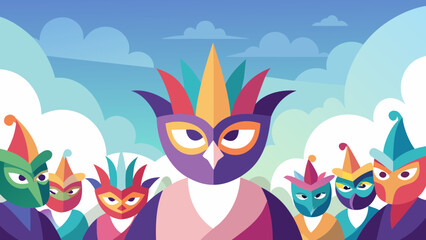 Colorful masked characters in traditional costumes during a vibrant cultural parade under a bright sky