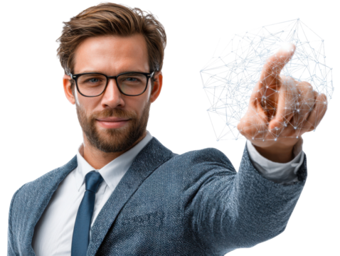 Tech Visionary: A composed professional in glasses gestures towards a futuristic digital interface, embodying innovation and forward-thinking in a studio setting.