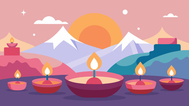 Traditional oil lamps glowing during Tihar festival with Himalayan mountains and sunset in the background