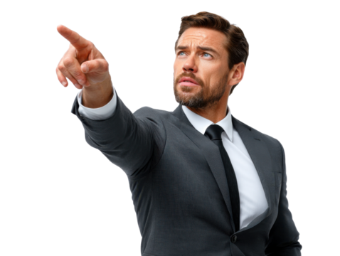 Focused and Determined: A sharply dressed professional points forward with confidence and conviction. This image captures a leader's assertive nature, focused gaze, and poised posture. 