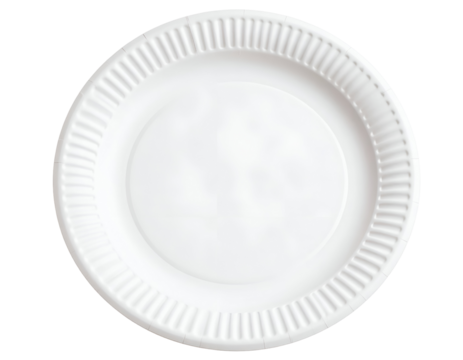 A simple, round white paper plate with a classic ridged border, ready for everyday use.