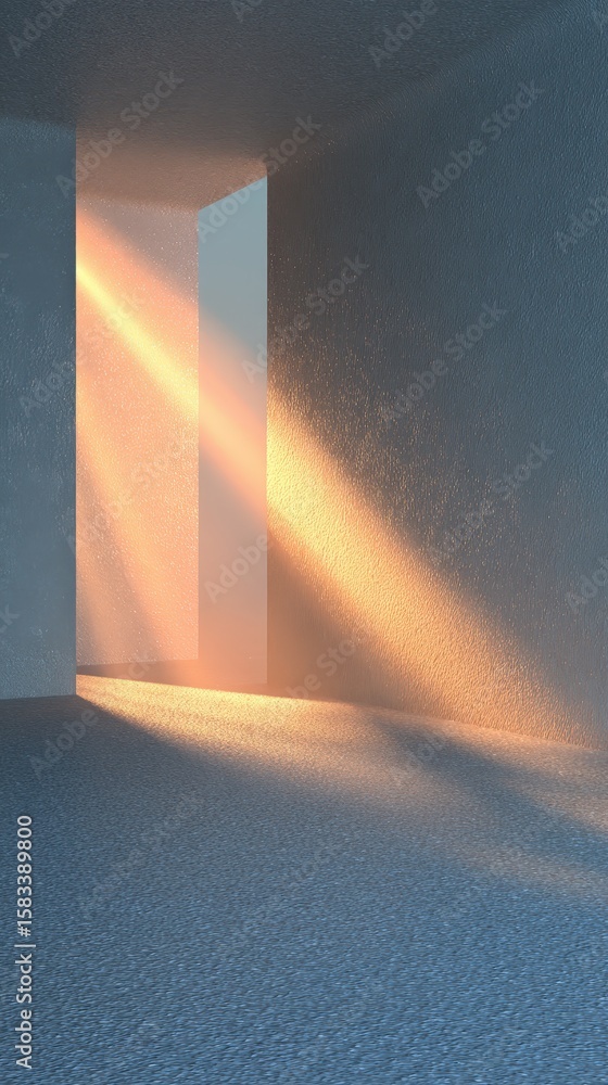 Poster sunlight streams through a narrow open doorway into a textured, minimalist empty room with soft shad