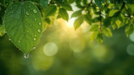 Springtime green leaf adorned with dew drops, set against a blurred backdrop of foliage and glowing sunset bokeh, featuring a text-friendly area. Emphasis on natural greenery framing.