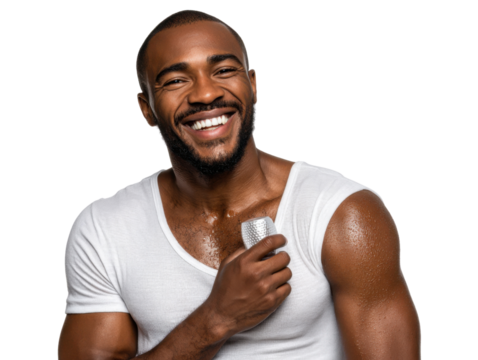 Man with Razor: A smiling man, radiating confidence, is holding a razor close to his chest, hinting at a close shave and a fresh start.