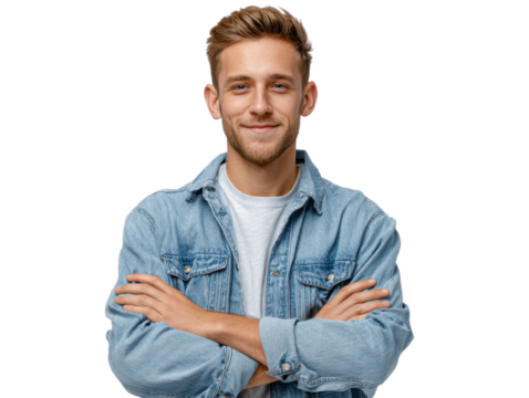 Confidence: Portrait of a young man with a confident posture. a warm smile, radiating a sense of assurance and composure. Perfect for conveying positivity and reliability.