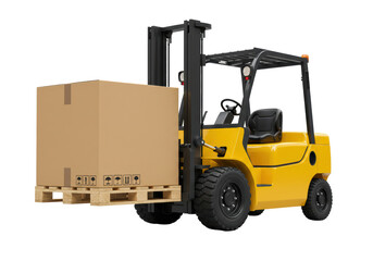 Isolated Forklift Truck Lifting Cardboard Box on Pallet