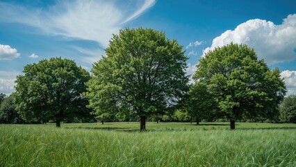 Fototapeta premium Verdant trees beneath a bright, sunny blue sky and fresh green lawn