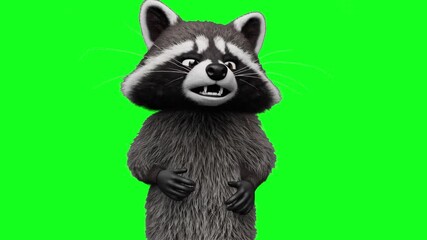 3D animated raccoon character speaking and gesturing expressively on a green screen. Adorable and energetic. Great for kids’ content, explainer videos, nature-themed projects, or memes.