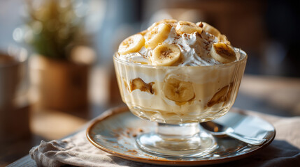 ホイップクリームとバナナスライスがたっぷりのデザート | 温かみのある光