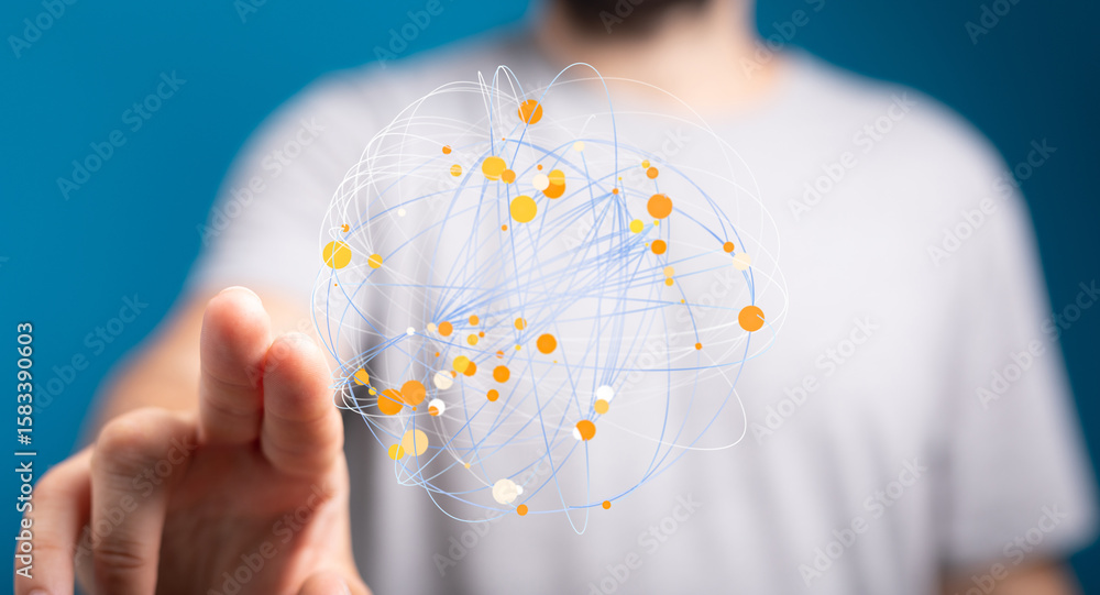 Poster abstract image of a person interacting with a digital network, representing connection and global co