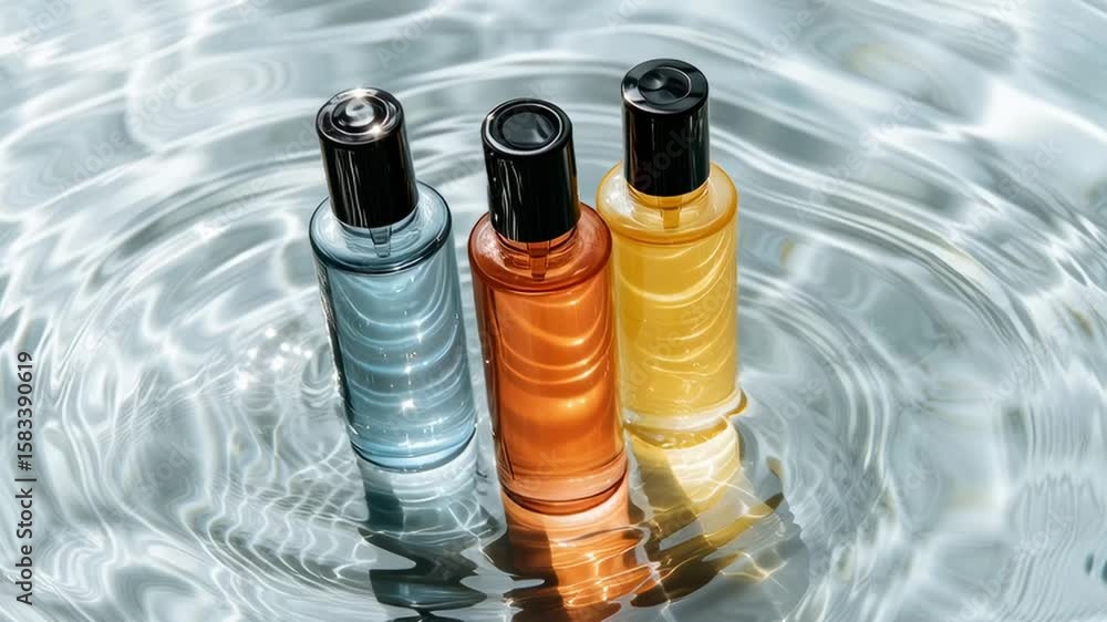 Poster three bottles of perfume are floating in a pool of water. the bottles are of different colors and si