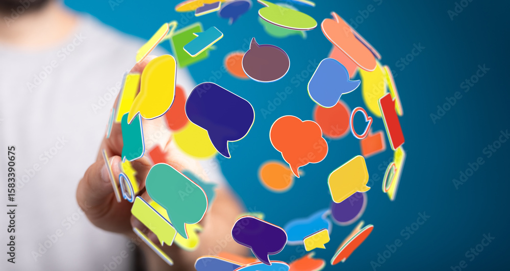 Poster abstract image of colorful speech bubbles forming a global network, symbolizing communication and co