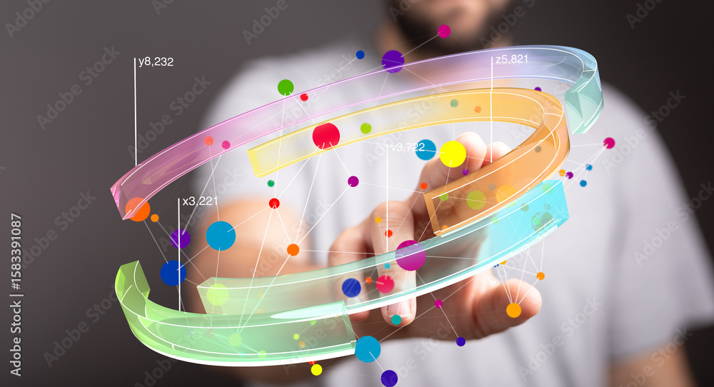 Poster abstract image of a person interacting with a vibrant, 3d data network. ideal for technology, analyt