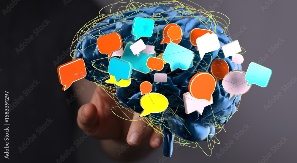 Poster abstract image of a brain with colorful speech bubbles, representing communication, ideas, and netwo