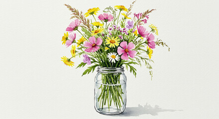 Watercolor bouquet of wildflowers in glass jar on white background with soft colors
