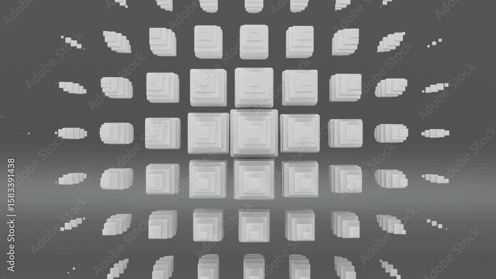 Poster cluster of white cubes in varying sizes on charcoal background