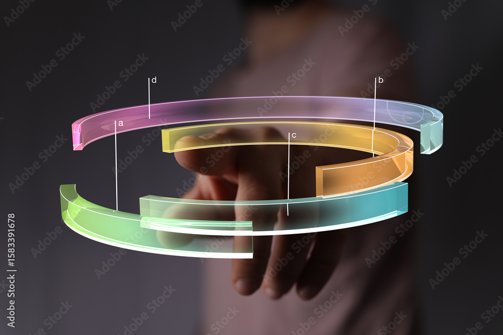 Poster person interacting with a digital interface showing colorful data segments.