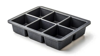 Fototapeta premium 6-compartment plastic food tray, black, close-up shot, minimalist, high contrast, clean and simple design, studio lighting, sharp focus, seamless background 
