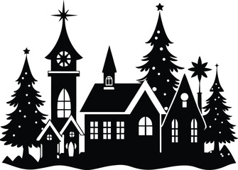 Fototapeta premium Winter Village Silhouette with Snow and Pine Trees. 