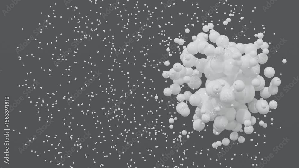 Poster pulsating abstract cloud of white spheres on charcoal background