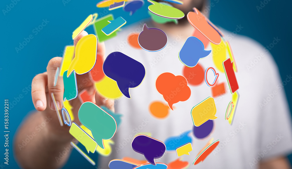 Poster abstract image of colorful speech bubbles forming a network, symbolizing global communication and so