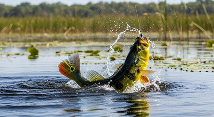 Peacock bass wriggles after getting caught in the river