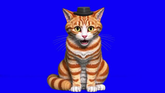 3D animation of a surprised orange tabby cat wearing a black hat, speaking or meowing while sitting still. Blue chroma key background. Ideal for fun pet content, meme videos, animated shorts, or child