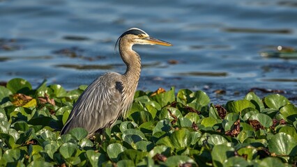 Naklejka premium Green heron resting among floating greenery with golden patterns on wings