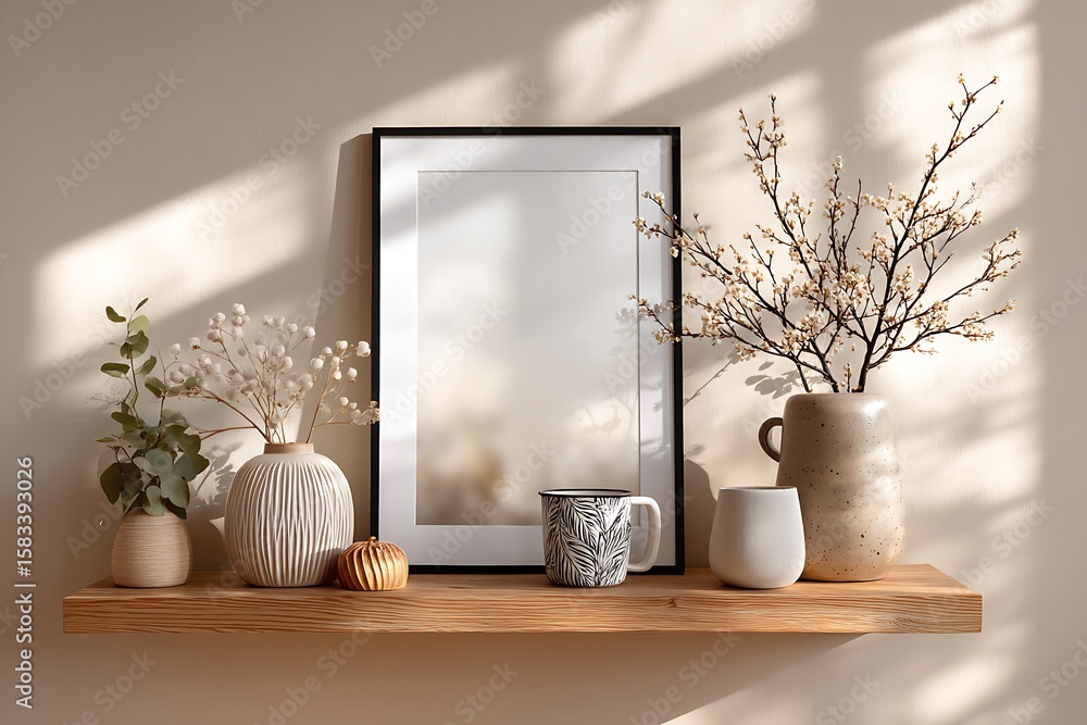 Poster a black frame mockup is displayed on a shelf with vases and branches