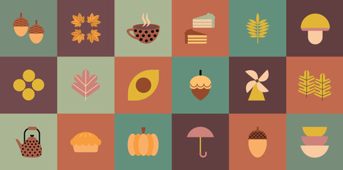 Autumn geometric mosaic background pattern. Modern figure, shape and autumn elements. Scandinavian. Minimalistic elements for design, contemporary natural organic harvest.